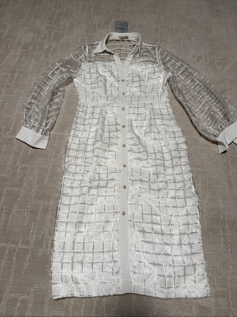White Sheer Grid-Pattern Button-Front Midi Shirt Dress
